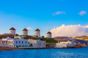 widnmills view from the heart of Little Venice in Mykonos Island Cyclades Greece - 441146051