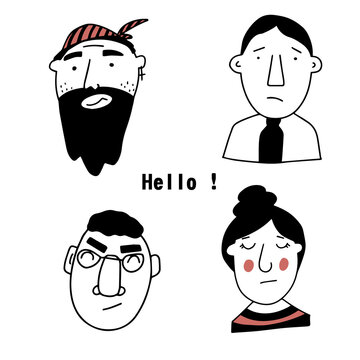 Vector set of portraits of people. Cartoon funny minimalistic characters. Contoured doodles of people's faces with different emotions and moods. Avatar for social networks