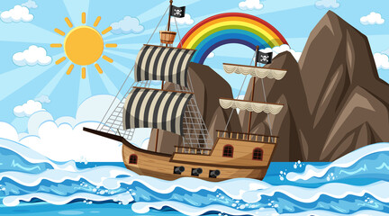 Ocean with Pirate ship at day time scene in cartoon style
