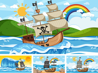 Naklejka premium Set of Ocean with Pirate ship at different times scenes in cartoon style