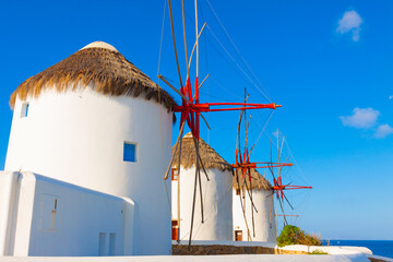 Windmills closeup detail in Mykonos island cyclades Greece