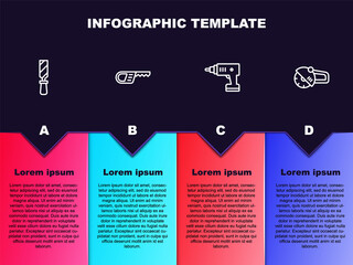 Set line Rasp metal file, Reciprocating saw, Electric cordless screwdriver and Angle grinder. Business infographic template. Vector