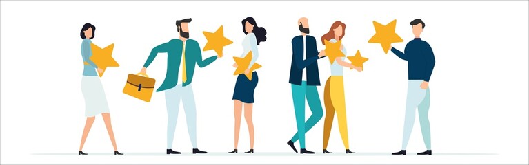 Customer feedback, testimonial, online survey concept. Group of people rating customer experience, writing review, leaving feedback. Client, user satisfaction. Isolated flat vector illustration