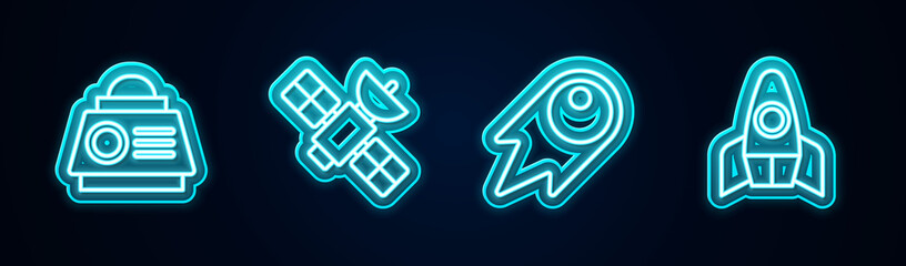 Set line Space capsule, Satellite, Comet falling down fast and Rocket ship. Glowing neon icon. Vector