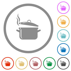 Steaming glossy pot with lid flat icons with outlines