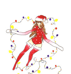 drawing of a snow maiden girl with a garland