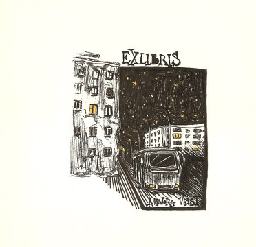 Sketch. Exlibris, Night City, House, Bus