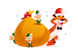 Merry Christmas illustration with little Santa elves, tiger character in hat, big bag with xmas presents isolated. Vector flat cartoon style. For banners, sale cards, posters, tags, web, flyer, ads.