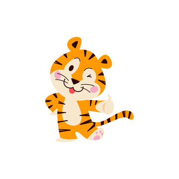 Cute little tiger character with thumb up stand, smile isolated on white background. Vector flat hand drawn style. For children decor, nursery design, banner, emblem, pattern, mascot etc.