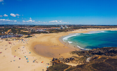 Campismo beach and Dunas beach and Island Baleal near Peniche on the shore of the Atlantic ocean in west coast of Portugal. Beautiful Baleal beach at Baleal peninsula close to Peniche, Portugal.