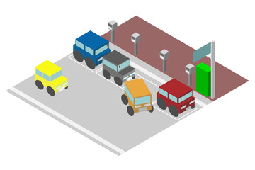 アイソメトリックな縦列駐車の車とパーキングメーターとパーキングエリア