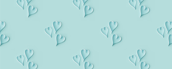 White tender paper cut hearts on blue background. Top view. Valentine's Day. Symbol of love. Copy space, seamless simple pattern, naive child art, header, for site, banner