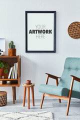 Retro composition of living room interior with mock up poster map, wooden shelf, book, stool,...