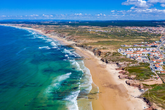 Campismo beach and Dunas beach and Island Baleal near Peniche on the shore of the Atlantic ocean in west coast of Portugal. Beautiful Baleal beach at Baleal peninsula close to Peniche, Portugal.
