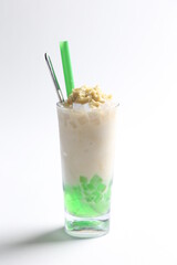 ice cendol coconut milk drink with pandan coconut jelly and fresh durian meat fruit beverage menu
