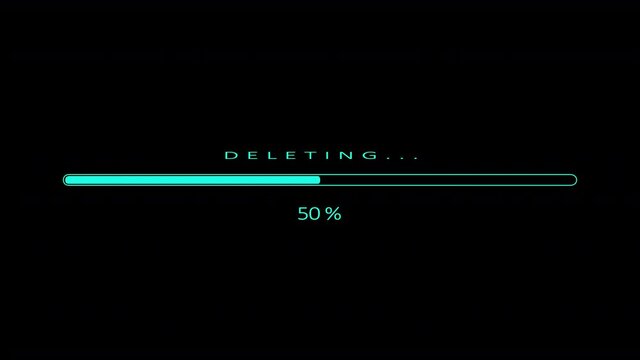 Deleting bar isolated on black background. Status bar, process indicator from 0 to 100 increasing percentage. 16-bit depth