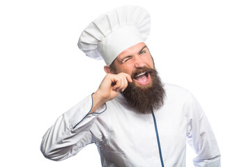 Portrait of a happy chef cook. Cook hat. Bearded chef, cooks or baker. Bearded male chefs isolated on white. Funny chef with beard cook. Beard man and moustache wearing bib apron. Nappy man