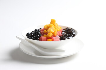 chilled mango and watermelon fruit snow ice with boba bubble pearl andherbal jelly in white bowl cafe sweet dessert menu