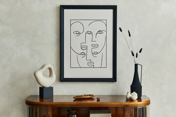 Stylish minimalistic composition of creative living room interior with mock up poster frame, dry flowers in black vase and creative sculpture on the wooden commode and elegant personal accessories. 