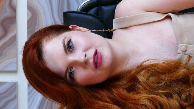 Close up of Womans Face, Woman opening her Beautiful blue azzure Eyes, Attractive Ginger.