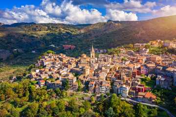 Fototapeta na wymiar Amazing cityscape of Novara di Sicilia town. Aerial view of Novara di Sicilia, Sicily, Italy, Europe. Mountain village Novara di Sicilia, Sicily, Italy.