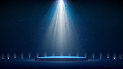 Spotlight backdrop. Illuminated blue stage podium. Background for displaying products. Bright beams of spotlights, shimmering glittering particles, a spot of light. Vector illustration - obrazy, fototapety, plakaty