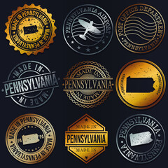 Pennsylvania, USA Business Metal Stamps. Gold Made In Product Seal. National Logo Icon. Symbol Design Insignia Country.