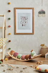Creative composition of cozy scandinavian child's room interior with mock up poster frame, balance...