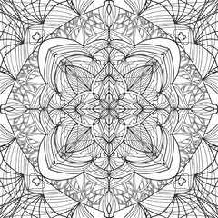 Mandala, background. Star shape or snowballs. Black and white snowflake.