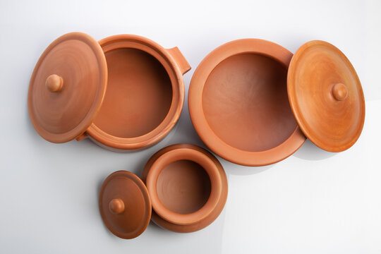 Top View of Clay Pots Isolated on White Background