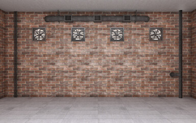 Empty old indusrial interior with brick walls and ventilation. 3d rendering