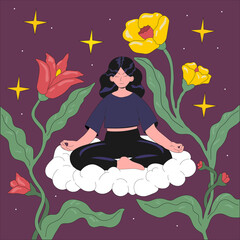 Concept of meditation and harmony. Woman sitting on a cloud in lotus position. Vector illustration in flat cartoon style.