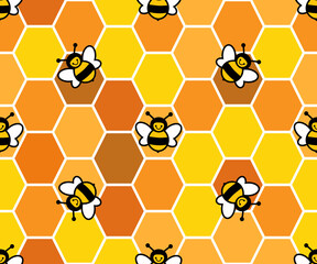.Cute bees on the background of honeycomb. Seamless vector pattern. Cartoon style. Honey design.