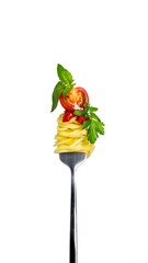 single metal fork with Italian pasta and various ingredients isolated on a white background