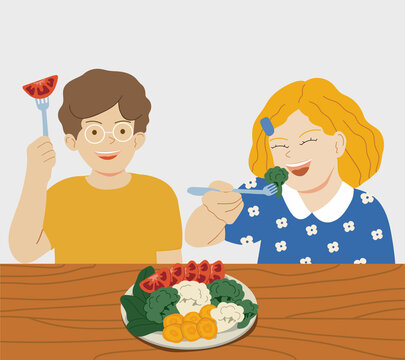 Happy kids eating vegetables. Vector illustration in flat cartoon style. Healthy food concept. Kids menu.