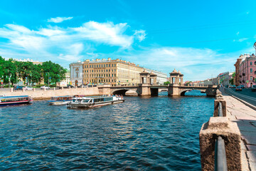 Panorama of the city of St. Petersburg in summer. Tourist boat tours on the river. Saint...