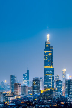 Night view of Zifeng Building and city skyline in Nanjing, Jiangsu, China
