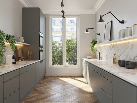 Fototapeta 3d render of a Parisian minimalist kitchen with grey cabinets and white marble countertop and wood herringbone wood floor