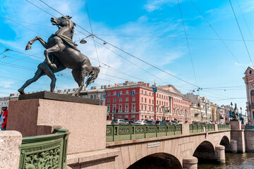 Beautiful panorama of the Anichkov Bridge in St. Petersburg in the summer. Saint Petersburg, Russia...