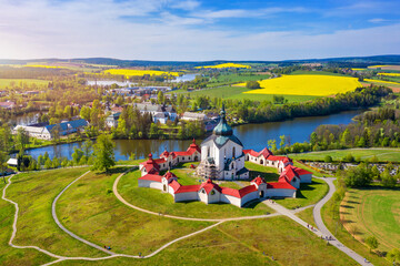 Top view of the church St. John of Nepomuk. Zdar nad Sazavou. Czechia. The Pilgrim Church of St...