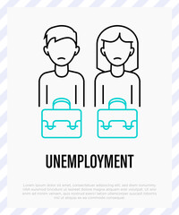 Obraz premium Unempoyment: depressed woman and man with briefcases. Gradient icon. Job seeker. Economic crisis. Vector illustration.