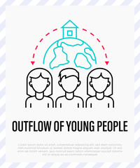 Outflow of population of young people. Workforce migration. Thin line icon of social problem. People moving around the globe. Vector illustration.