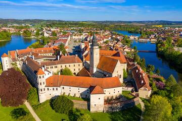 Aerial landscape of small Czech town of Telc with famous Main Square (UNESCO World Heritage Site)....