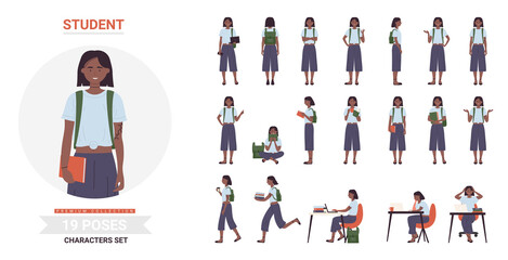 African american black student woman poses vector illustration set. Cartoon female teen character standing, walking or running with books and backpack, thinking about education tasks, posing isolated