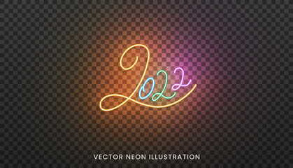 2022 neon script numbers. Bright colorful sign for New Year 2022