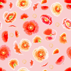 Fototapeta premium The Texture of the Mask. Digital scrapbooking paper in green and pink colors. Wedding, birth, holiday. Delicate oriental style, silk. Packaging, label. Rich Japanese floral watercolor style.Template, 
