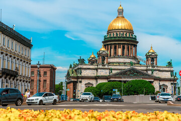 Beautiful street panorama and amazing view of St. Isaac's Cathedral in summer. Saint Petersburg,...