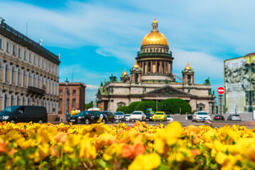 Beautiful street panorama and amazing view of St. Isaac's Cathedral in summer