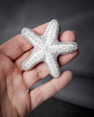 Hand hilding seed bead embroidered brooch in a shape of starfish