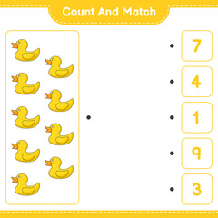 Count and match, count the number of Rubber Duck and match with the right numbers. Educational children game, printable worksheet, vector illustration